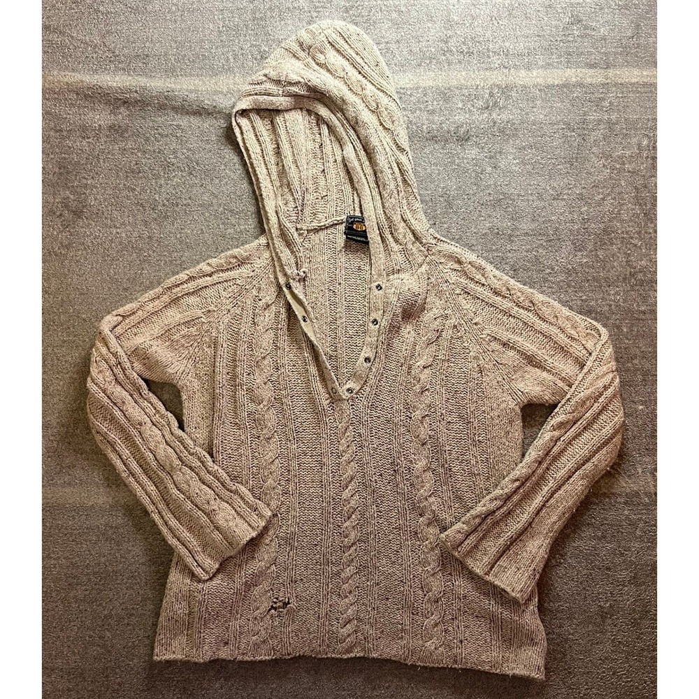 Route 66 Tan Cable Knit Hoodie Sweater Henley Snap Neck Ramie Cotton Large